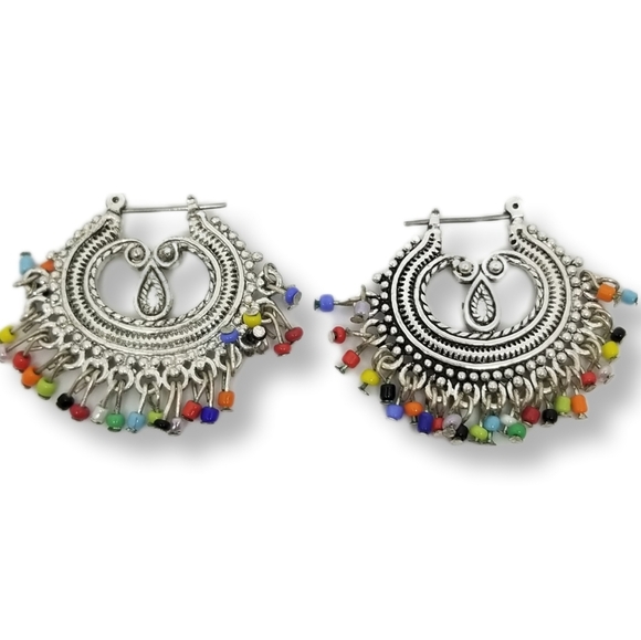 NANCY & RISE VINTAGE COLORFUL BEADED FRINGE & SILVERTONE BOHO STYLE EARRINGS - Picture 1 of 5